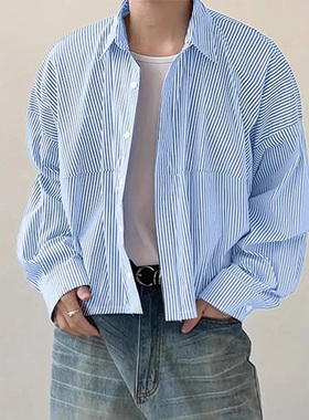 韩系短款松弛感条纹衬衫男士春秋翻领长袖衬衣百搭显瘦上衣外套