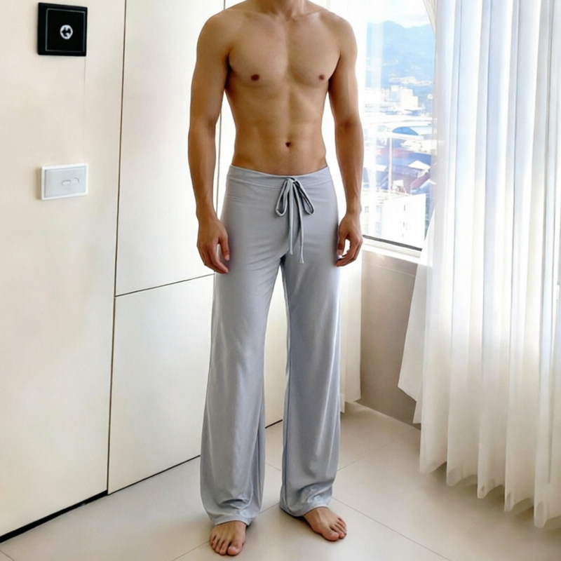 男士家居裤纯色系带宽松冰丝睡裤涤纶大码瑜伽健身休闲空调长裤
