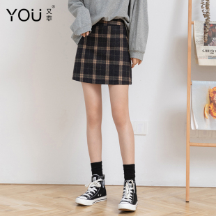 毛呢格子半身裙女秋冬2025新款 学生高腰A字短裙 复古羊毛裙子韩版