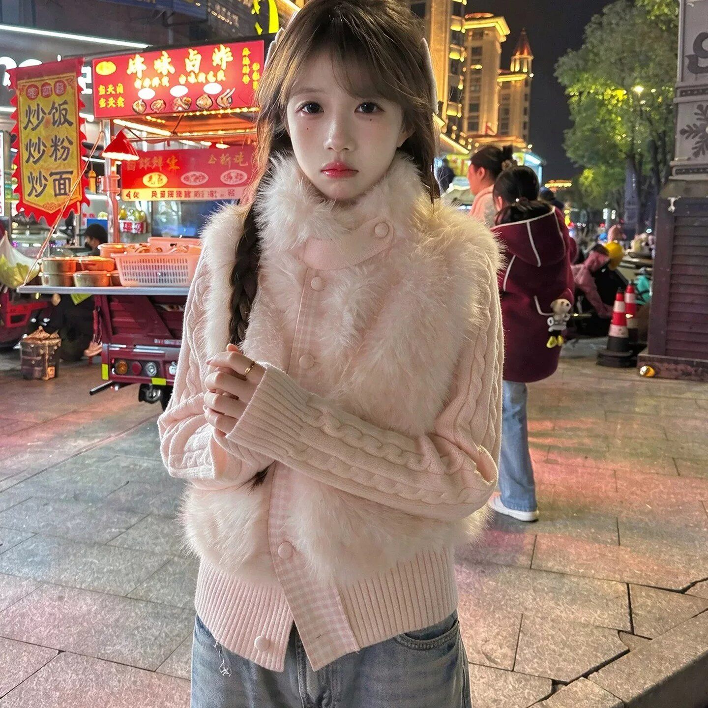 甜美千金风粉色针织拼接毛绒棉服女冬季新款小个子立领夹棉袄外套