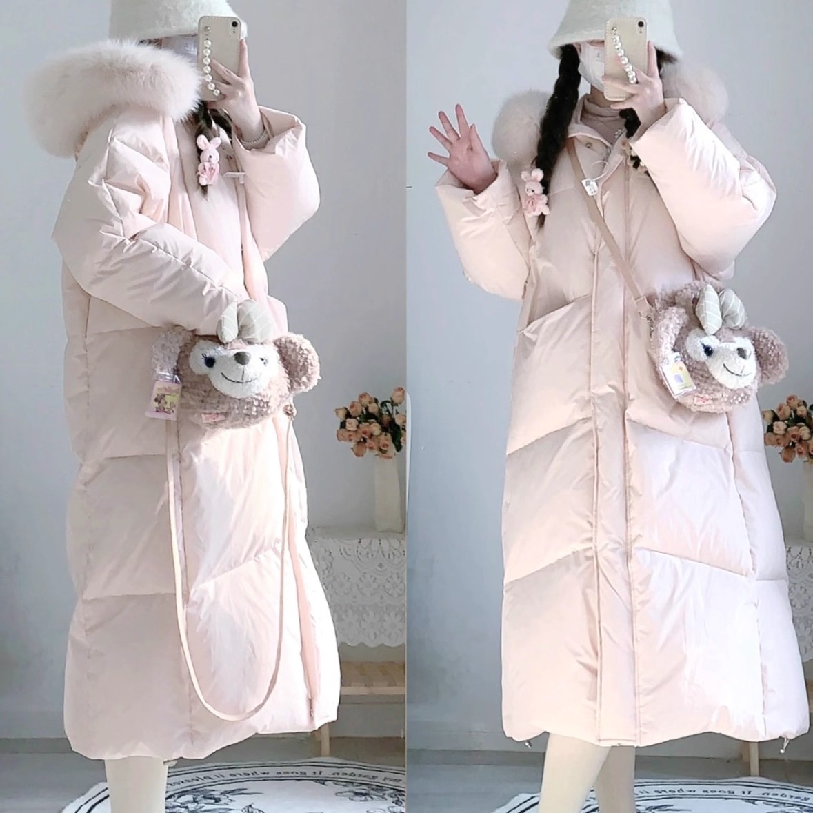 粉色甜美大毛领连帽羽绒棉服