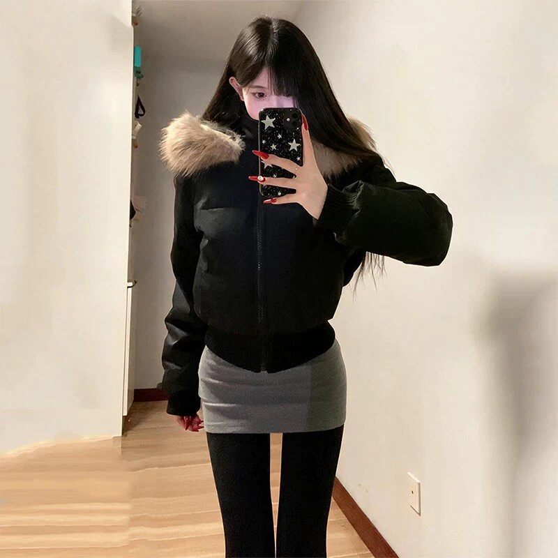 韩系黑色短款收腰大毛领连帽棉服女冬季小个子加厚保暖夹棉袄外套