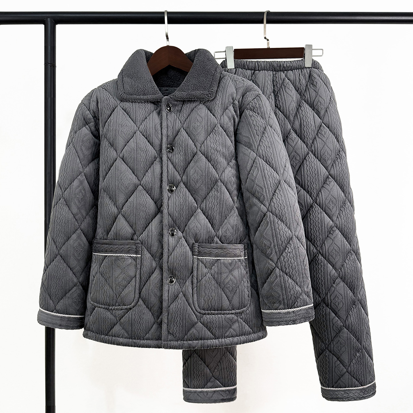 秋冬季男士睡衣三层加厚棉袄套装