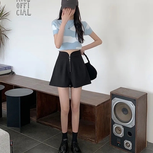 新款 胖mm拉链短裤 2022夏季 大码 女高腰显瘦拉链阔脚裤 A字休闲热裤