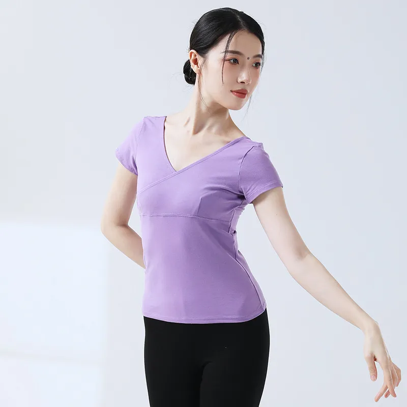 现代舞练功服V领体操服考级短袖女艺考瑜伽形体服芭蕾舞蹈服上衣