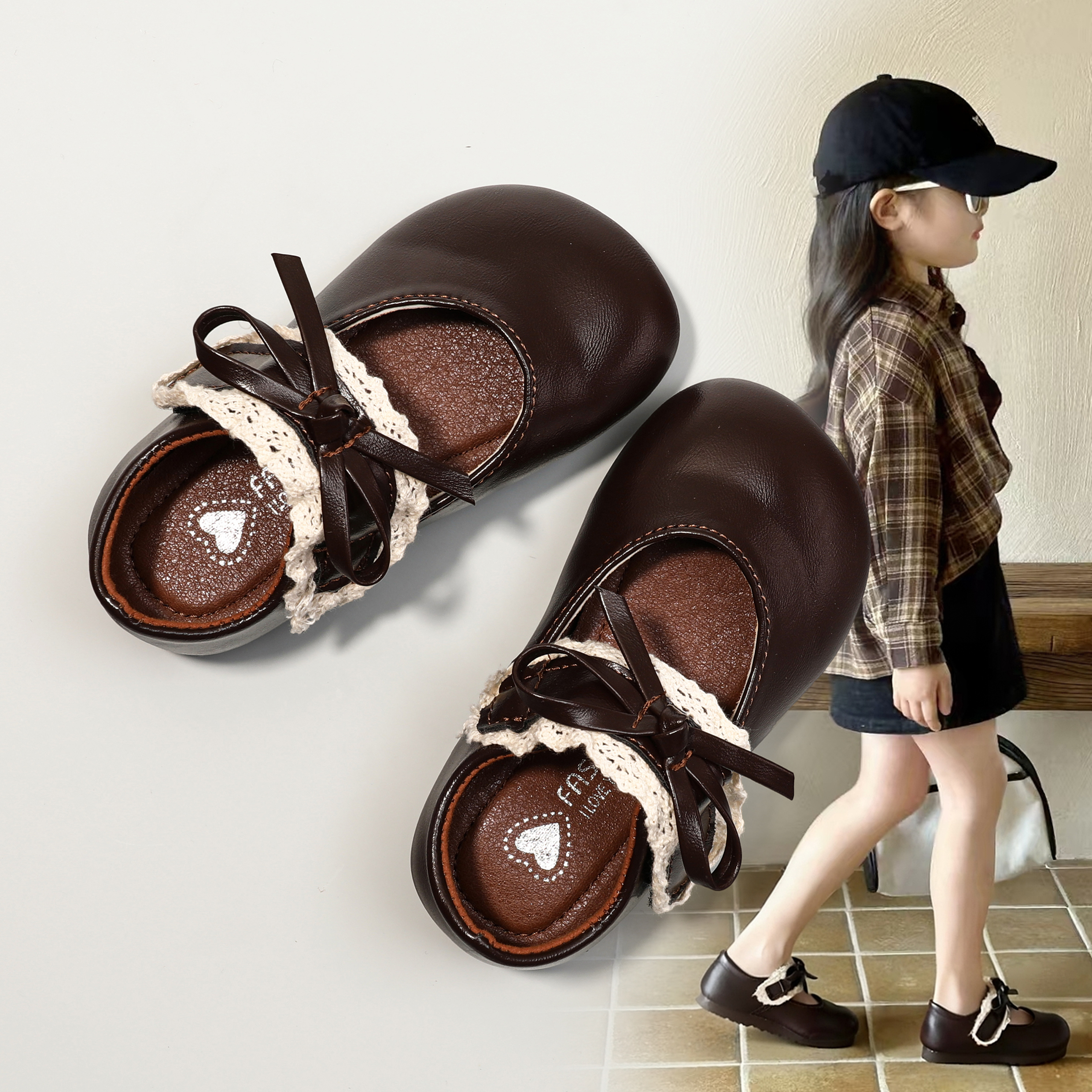 女童蕾丝花边小皮鞋2025年春秋季