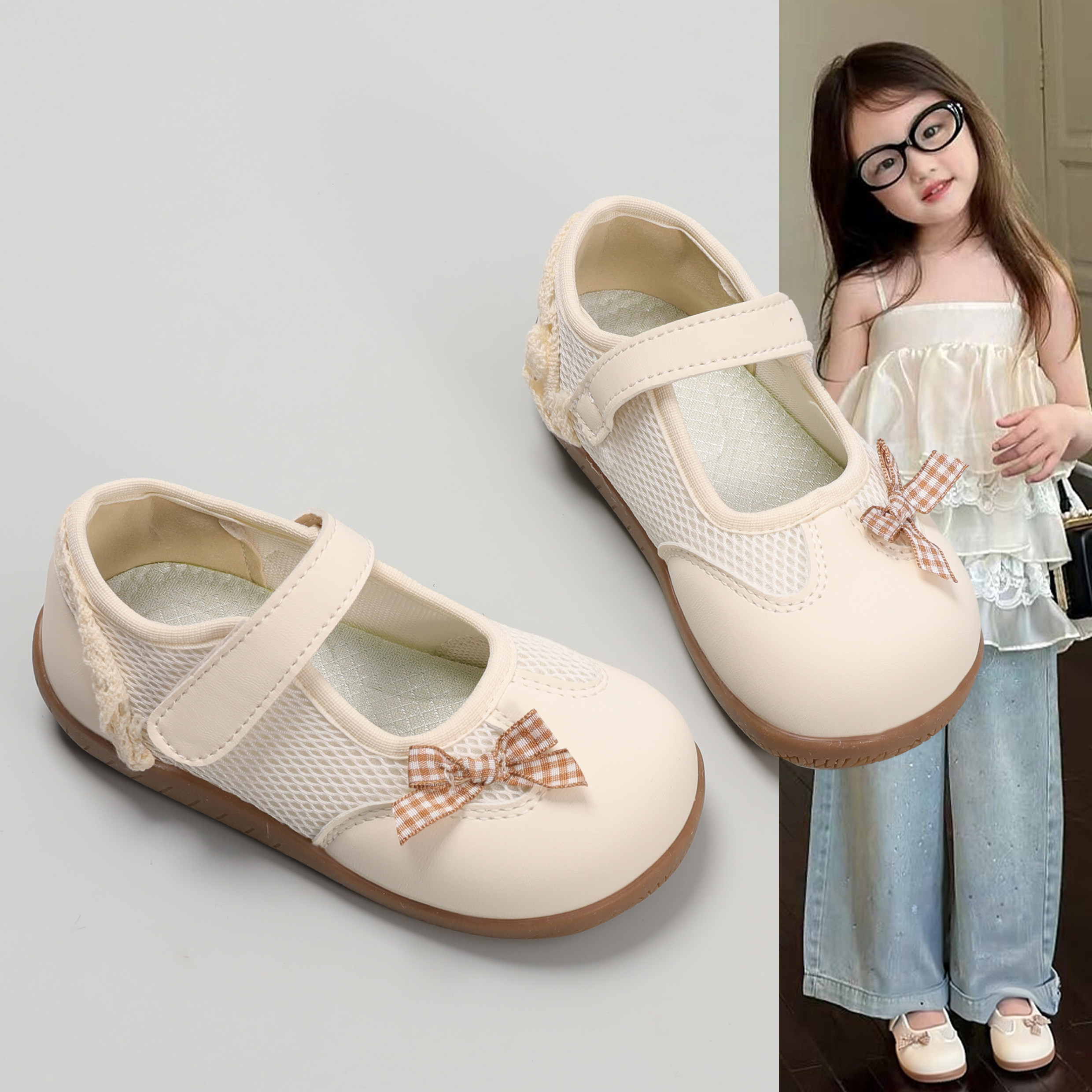 女童小皮鞋2026春季新款蝴蝶结装饰网面透气舒适女孩公主风舞蹈鞋