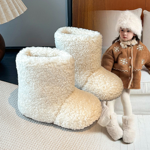 儿童保暖羊羔毛棉靴毛毛鞋女童一脚蹬宽松短靴女童冬季防滑棉靴子