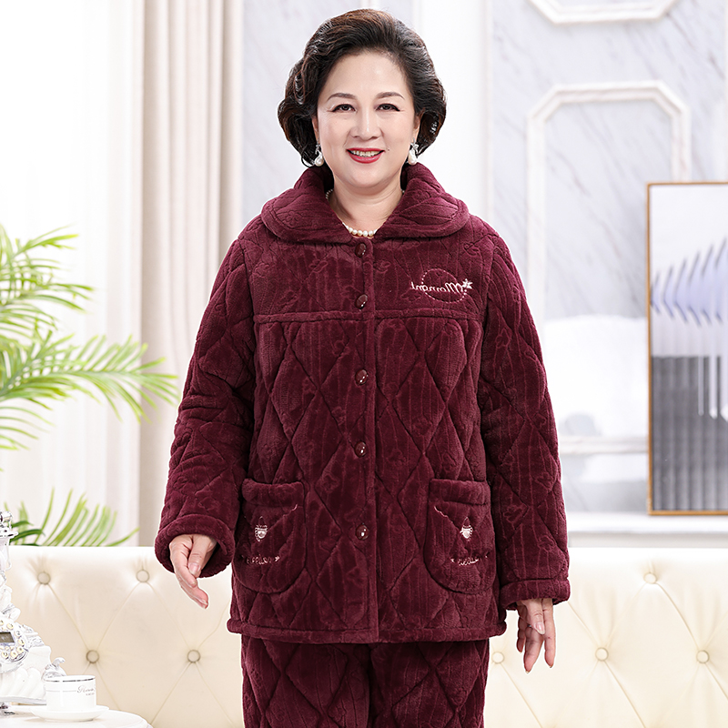 秋冬季老人睡衣女士三层夹棉加绒加厚妈妈家居服套装中老年珊瑚绒