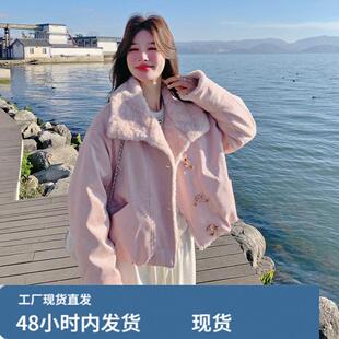 韩系chic粉色短款皮毛一体羽绒服女冬季超火好看高级小众加厚外套