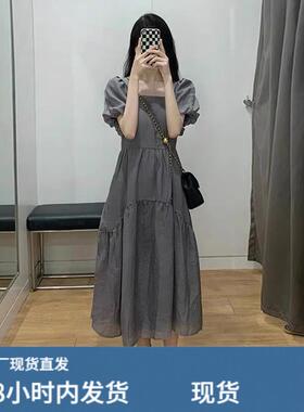 法式高级感公主风灰色茶歇裙女夏季褶皱设计感韩版chic方领洋装