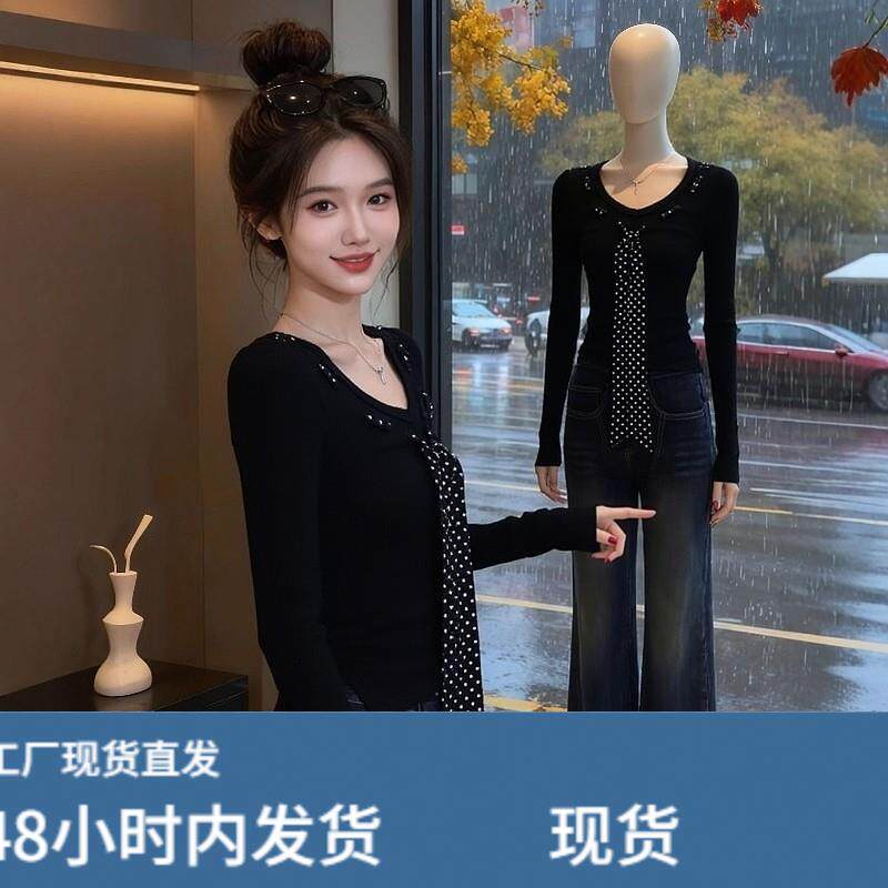 韩系黑色波点系带套头长袖T恤女秋冬新款修身显瘦内搭打底衫上衣