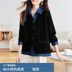 假两件牛子拼接外套女秋季2025年新款春秋爆款洋气百搭衬衫领上衣