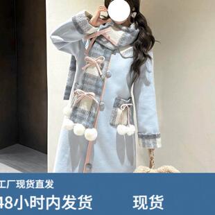 飞行日记可爱甜妹毛呢大衣秋冬蝴蝶结格纹围巾小个子长版呢子外套