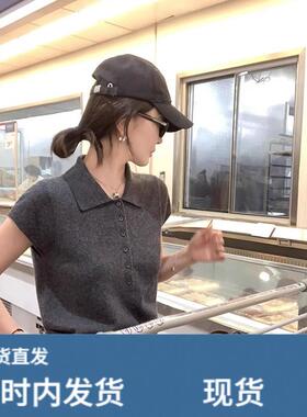 法式灰色针织polo衫短袖t恤女夏季老钱风小飞袖翻领正肩短款上衣