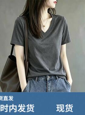 韩版极简灰色短袖T恤女夏季2026新款大码胖MM宽松V领显瘦减龄上衣
