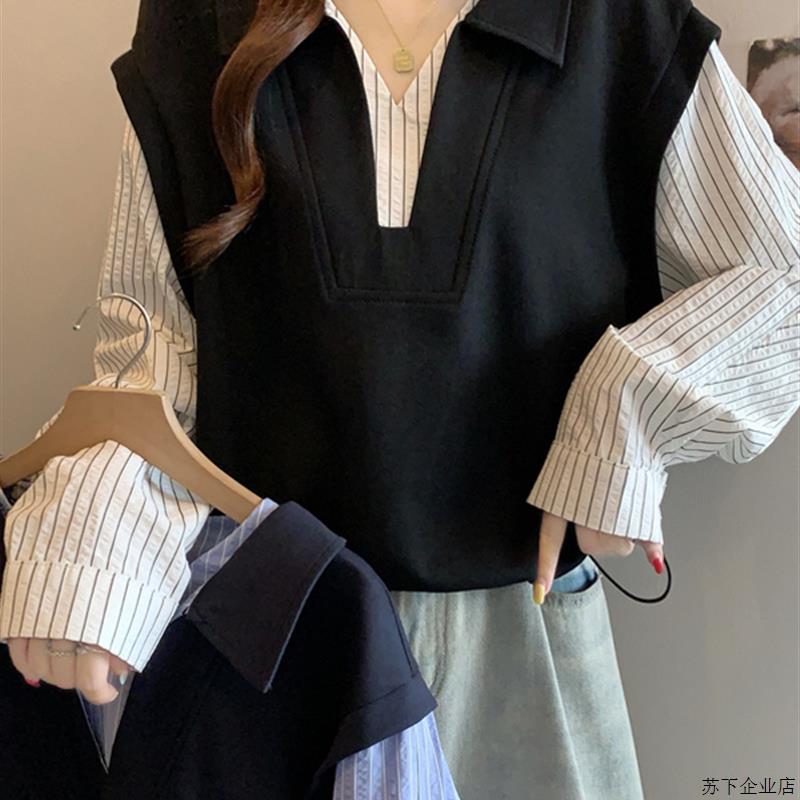 大码女装2025新款秋季韩系简单大方高级感上衣时髦假两件拼色卫衣