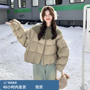 卡其色针织披肩连帽泡芙羽绒服女短款2025冬季韩系松弛感加厚外套