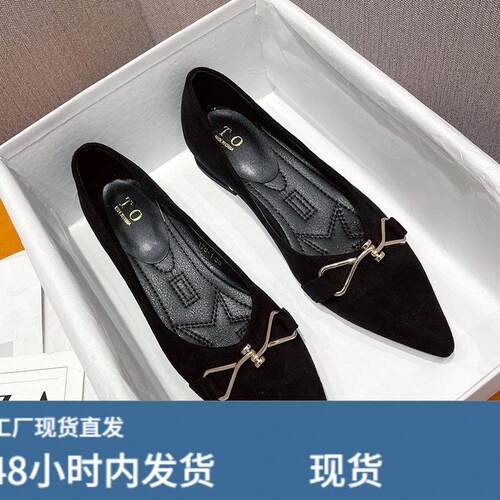 粗跟单鞋女欧美时尚春秋女鞋黑色酒店工作鞋女尖头浅口低跟豆豆鞋