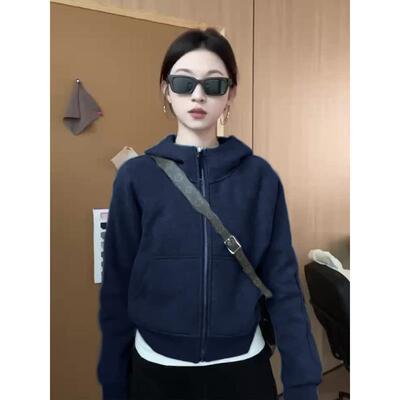 短款圆领正肩连帽卫衣女春秋欧货新款上衣穿搭薄小个子开衫外套