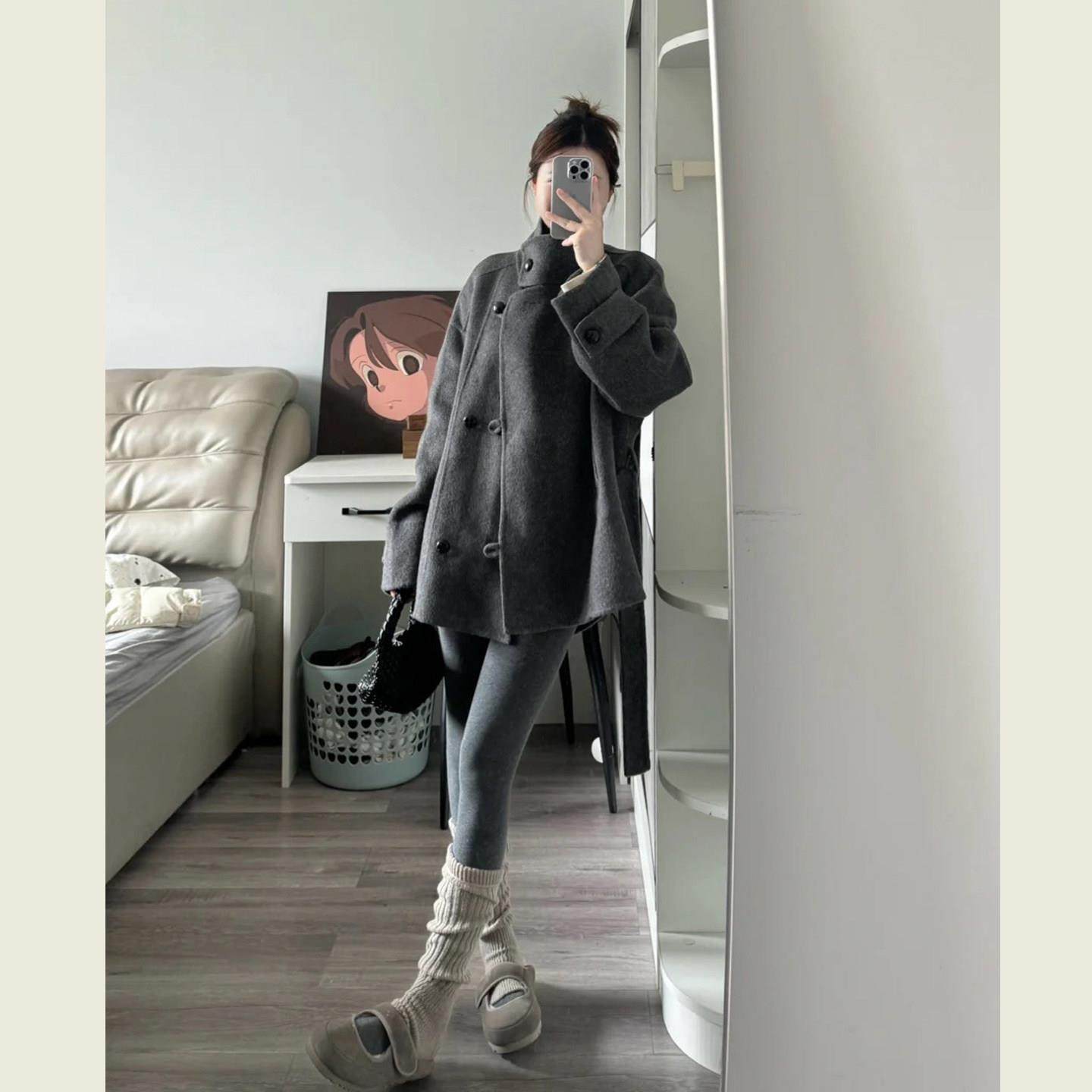 韩系赫本风灰色系带呢子大衣女秋冬季小个子廓形立领短款毛呢外套,运动/瑜伽/健身/球迷用品,广场舞套装,淘宝优惠券,粉丝福利购,淘宝优惠卷