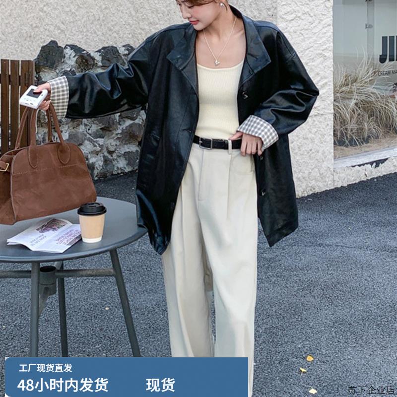 黑色复古拼接格子PU皮衣外套女2025春秋季新款显瘦机车服夹克上衣