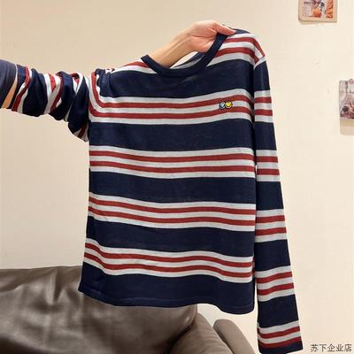 覆古圆领条纹拼接撞色长袖针织衫女2025秋季宽松打底衫慵懒风上衣