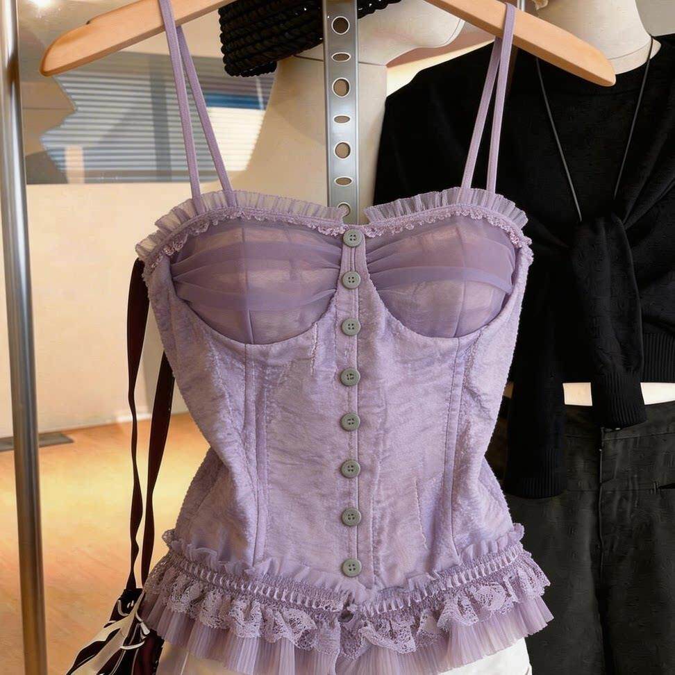 杭州四季青高端女装纯欲性感蕾丝花边吊带背心打底内搭淡紫色上衣