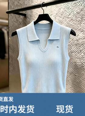 蓝色翻领无袖针织背心女夏季欧货韩系坑条坎肩T恤百搭减龄上衣潮