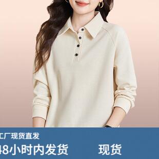 POLO领长袖卫衣女款2025流行中年妈妈卫衣韩版宽松方领打底衫春秋