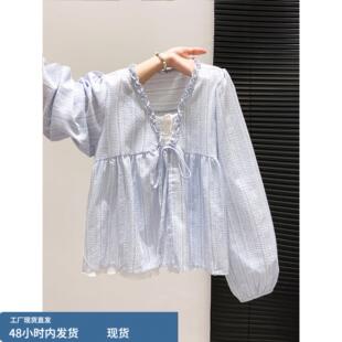 假两件早秋花边V领系带衬衫女2025新款韩版宽松休闲长袖娃娃上衣