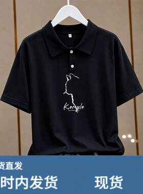 黑色翻领正肩短袖T恤女夏季欧货薄款韩系猫咪印花高端白领上衣