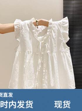 甜美系带拼接衬衫女2026新款夏季1/4吋套筒扳手袖白色蕾丝假两件