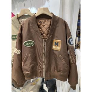 立领长袖夹棉夹克外套女2024年冬季新款韩版宽松显瘦设计感棉外套