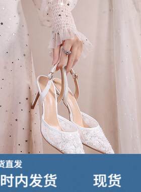 撤柜现货大码新娘婚鞋尖头后空网纱凉鞋桃心花瓣不累脚高跟女鞋