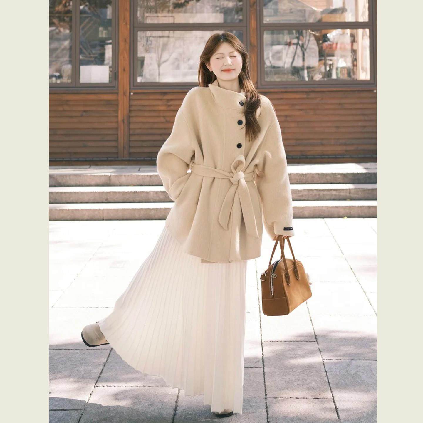 米黄色立领系带收腰毛呢外套女秋冬季小个子中长款显瘦呢子上衣,运动/瑜伽/健身/球迷用品,广场舞套装,淘宝优惠券,粉丝福利购,淘宝优惠卷