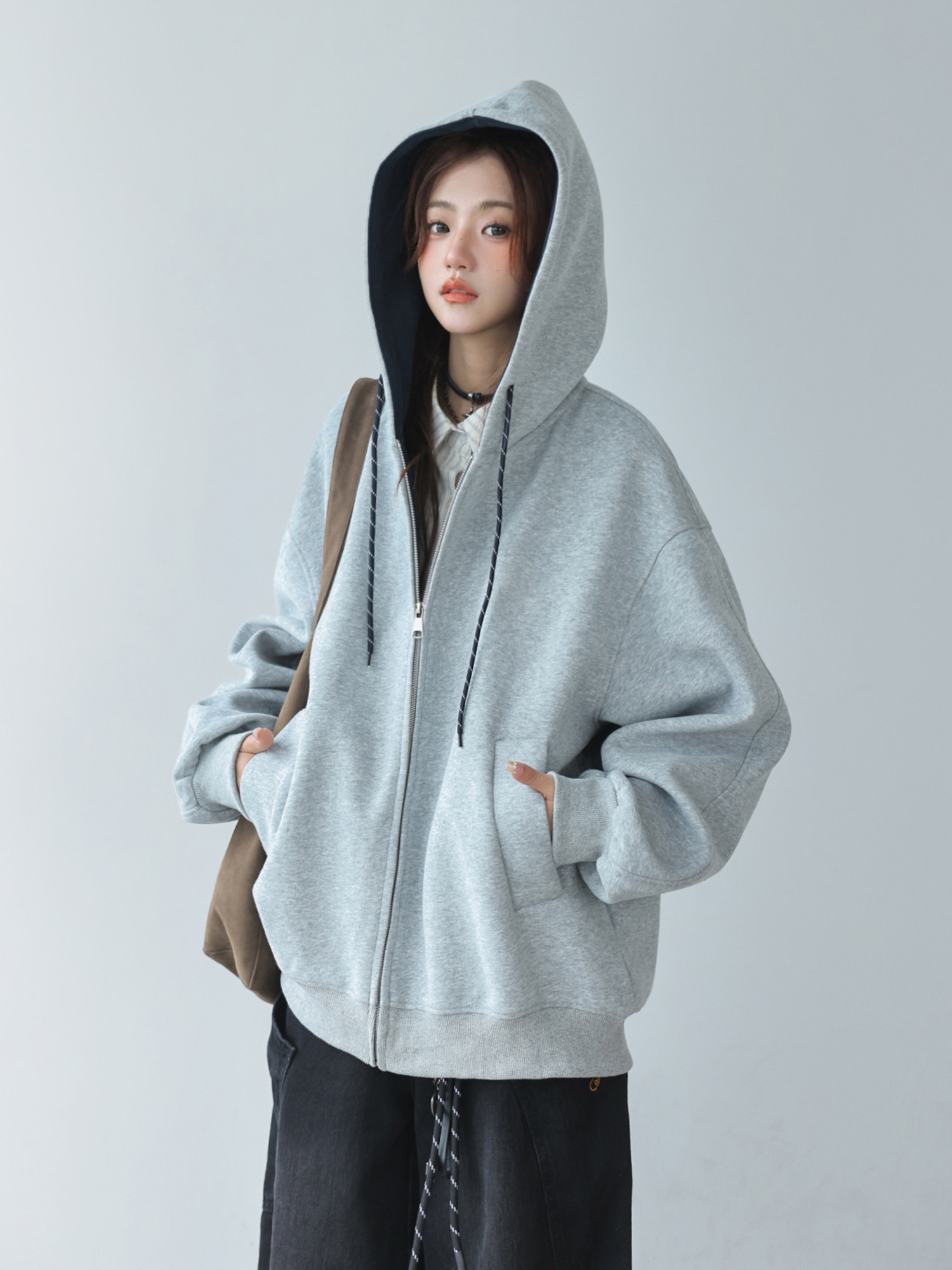 Gray Hooded Sweatshirt Women's Spring and Autumn American Lazy Chic Easiest for Match Jacket Zipper Cardigan