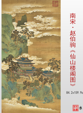 南宋赵伯驹 仙山楼阁图 高清微喷打印宋代山水楼阁画临摹画稿大图