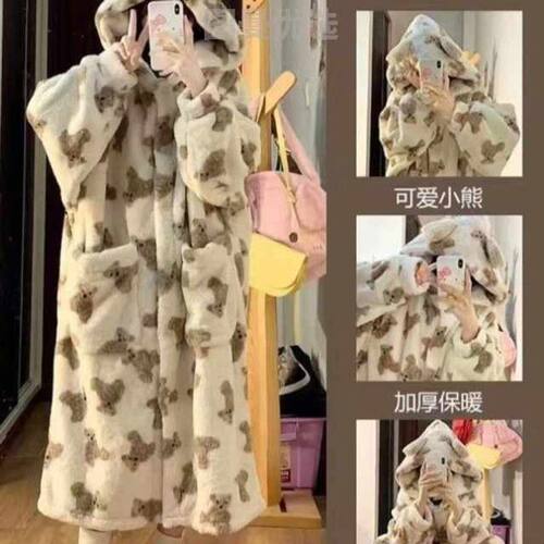 毛茸茸睡袍新款女生保暖斗篷加绒睡衣少女家居女家居服冬天可爱厂