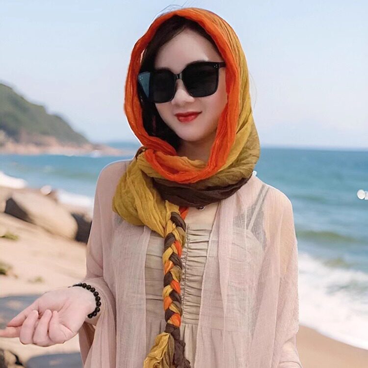 春夏新款棉麻花丝巾帽辫子包头巾旅游洋气时尚百搭气质围巾女遮阳