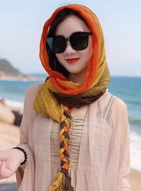 春夏新款棉麻花丝巾帽辫子包头巾旅游洋气时尚百搭气质围巾女遮阳