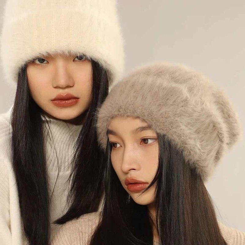 显脸小兔毛毛线帽女秋冬白色大头围针织帽子巨大毛线帽毛绒冷帽男