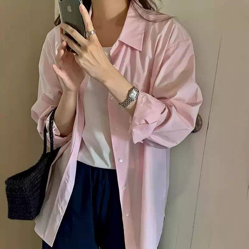 白色长袖衬衫女2026年春秋韩系宽松廓形百搭休闲防晒衬衣外套上衣