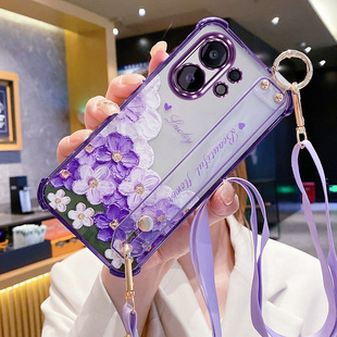 艾欧芭适用vivov60手机壳vivo保护v60香港国际海外版硅胶套镜头膜全包防摔透明软壳V2511油画花斜挎挂绳新款