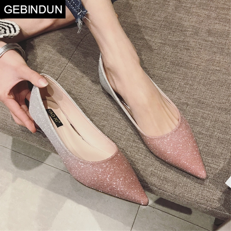 GEBINDU轻奢韩版亮片面Bling尖头鞋平跟单鞋2018春季新款平底鞋女