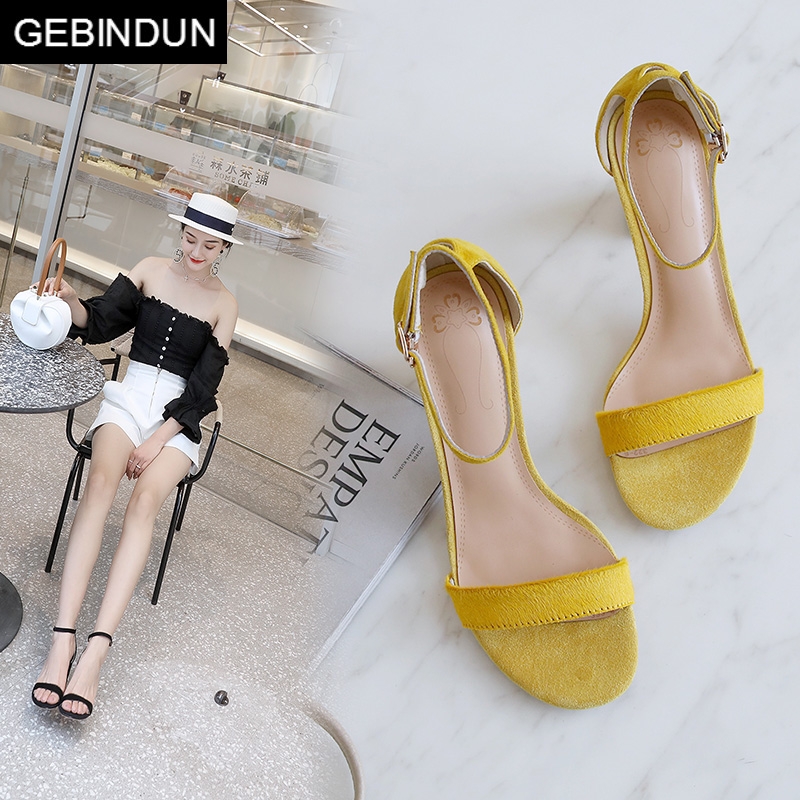 GEBINDU真皮马毛黄色一字带凉鞋女夏2018新款韩版百搭粗跟方根凉