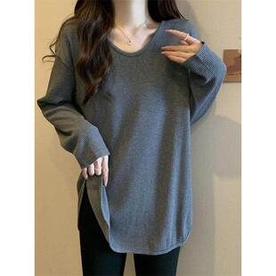 春夏中长款长袖T恤女季下装消失灰色v领长款打底衫鲨鱼裤搭0224z