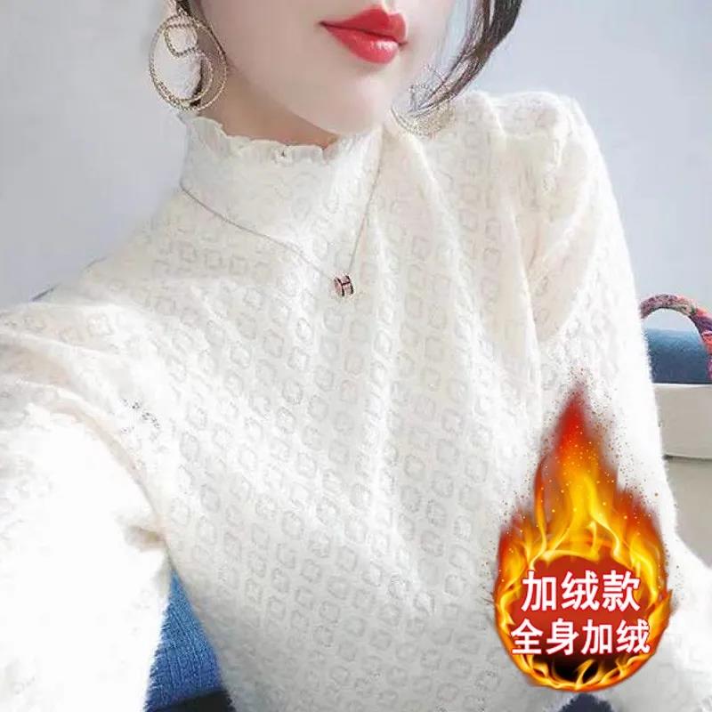 秋冬打底内搭薄款/加绒半高领勾花长袖蕾丝衫女新款气质衫1007k