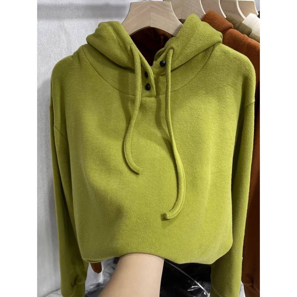 时尚连帽磨毛卫衣女秋冬新款内搭打底衫加绒加厚保暖牛油果1203h