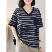 春款 女士气质宽松简0207z 休闲百搭大码 覆古条纹v领短袖 t恤女装